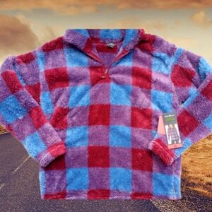 Eddie Bauer Women's 1/4 Zip Teddy Fleece Maroon/Blue SzM NWT